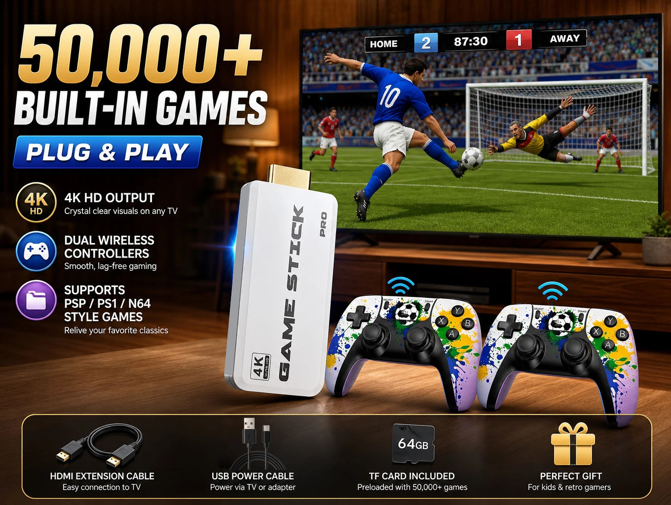 X8 Super 4K HD Game Stick 128GB 50000 Retro Games Dual 2.4G Wireless Controller Portable Plug & Play TV Game Console
