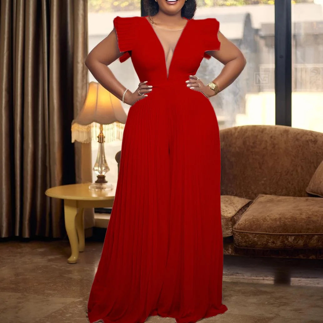 Elegant Pleated Jumpsuits & Rompers for Women V Neck Ruffles High Waisted Loose Floor Length Luxury Female Birthday Party Romper