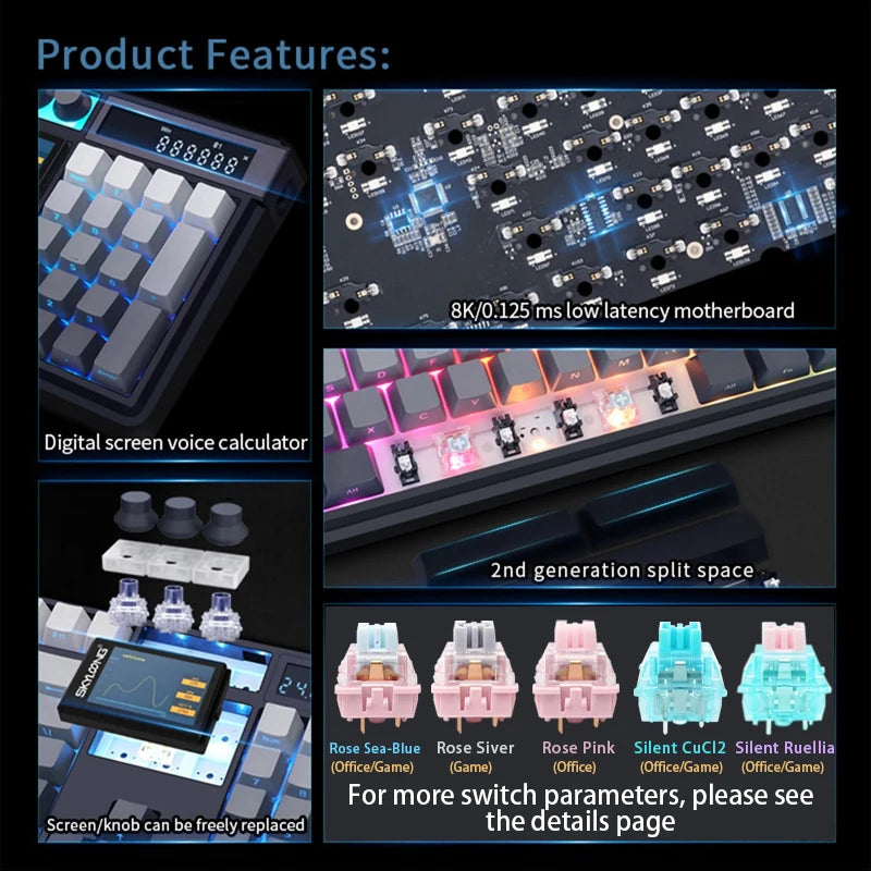 Teclado mecánico inalámbrico SKYLOONG GK104 Pro de tamaño completo con 3 modos, pantalla 2.0, 3 perillas, interruptor silencioso intercambiable en caliente, teclas PBT