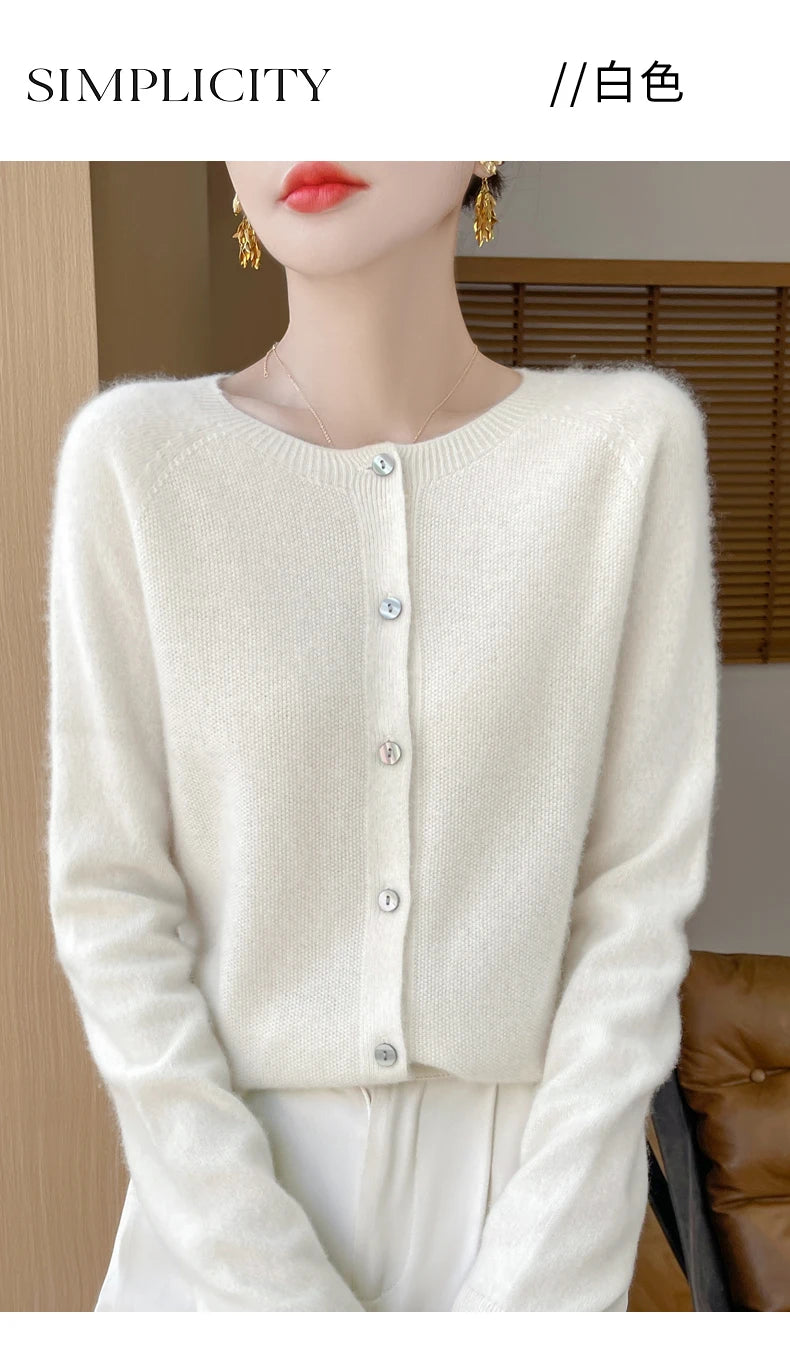 100% Merino Wool Long Sleeve Sweaters Cashmere Cardigan Spring Autumn Women O-Neck Knitwear Tops Clothing Fashion Basic Tops