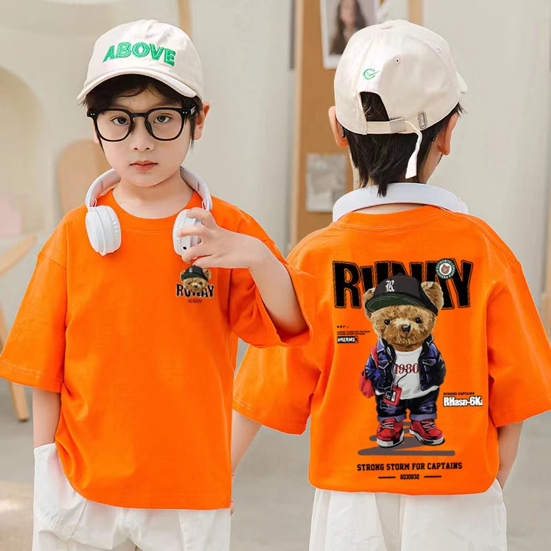 2025 Children's Clothing American Vintage Bear Print Graphic T Shirts Boys Summer Cotton Short-sleeved T-shirt Tops Streetwear