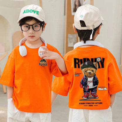2025 Children's Clothing American Vintage Bear Print Graphic T Shirts Boys Summer Cotton Short-sleeved T-shirt Tops Streetwear