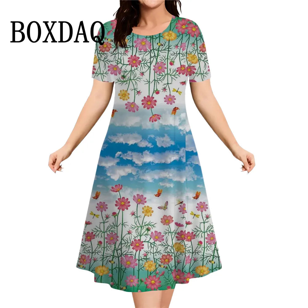 Fashion Elegant Women‘S Dresses Butterfly Flowers Print Dress Casual O-Neck Loose Plus Size Vacation A-Line Clothes 2026 Summer