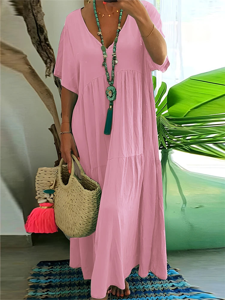 Plus Size 2025 Summer New V-neck Short Sleeve Pleated Solid Colour Loose Casual Midi Dress Basic Hem Pleated