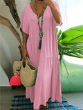 Plus Size 2025 Summer New V-neck Short Sleeve Pleated Solid Colour Loose Casual Midi Dress Basic Hem Pleated