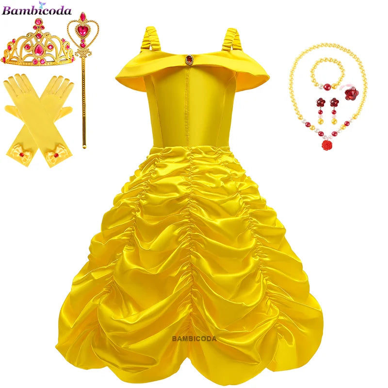 2025 Cosplay Belle Princess Dress Girls Dresses For Beauty and beast Party Clothing Magic stick crown Costume 3-12Y