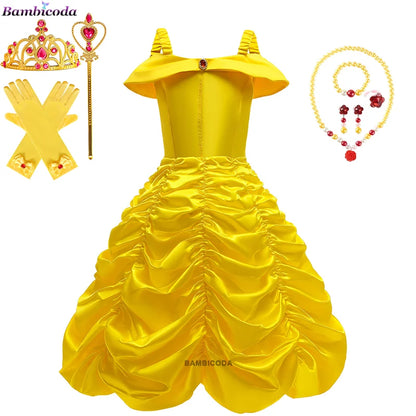 2025 Cosplay Belle Princess Dress Girls Dresses For Beauty and beast Party Clothing Magic stick crown Costume 3-12Y