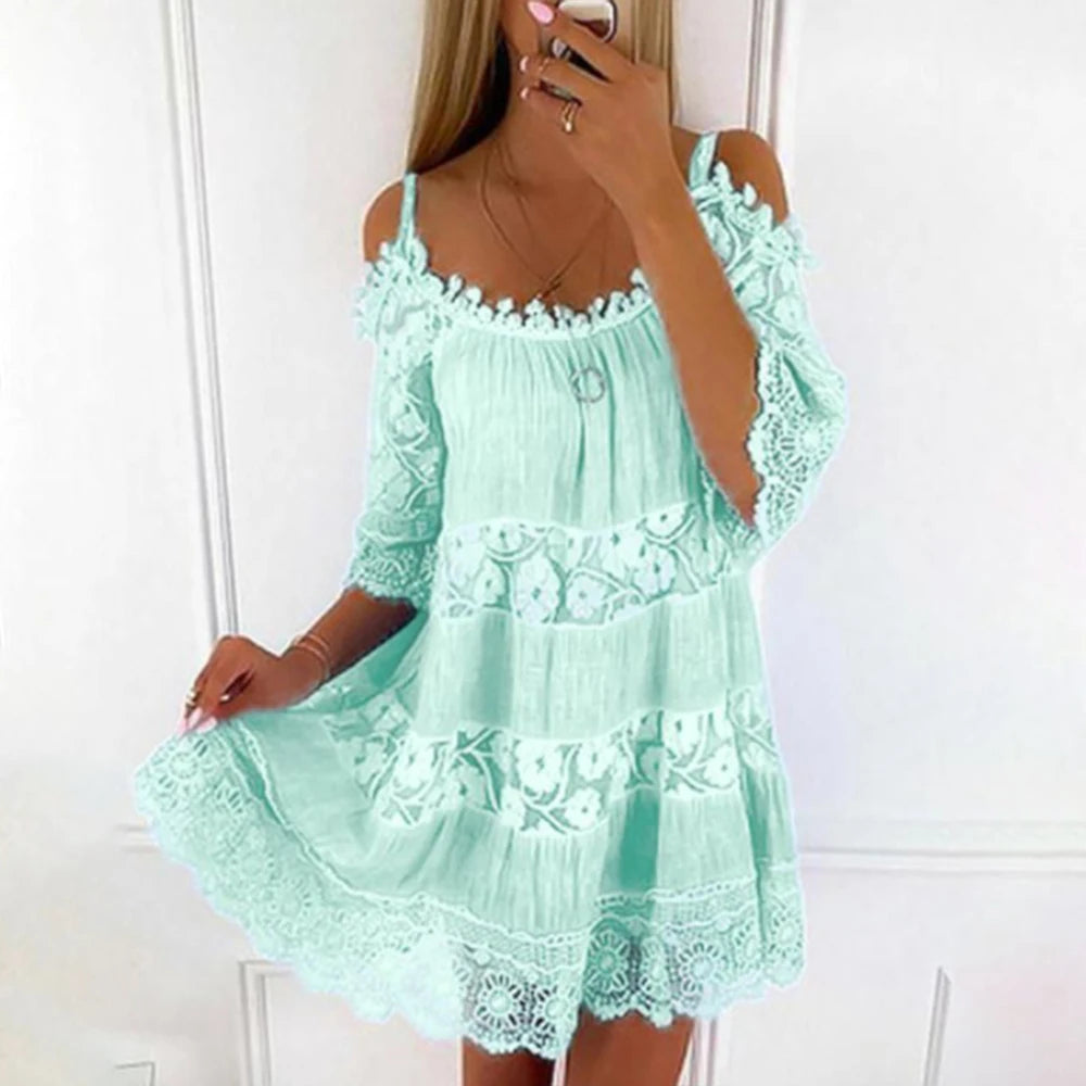 Vestido de verão plus size para senhoras, vestido de renda estilinque de cor sólida, vestido feminino elegante de cintura solta, casual na praia