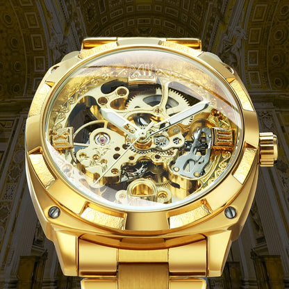 Forsining Square Skeleton Mechanical Watches Luxury Engraved Movement Retro Automatic Watch for Men Steel Strap Luminous Hands