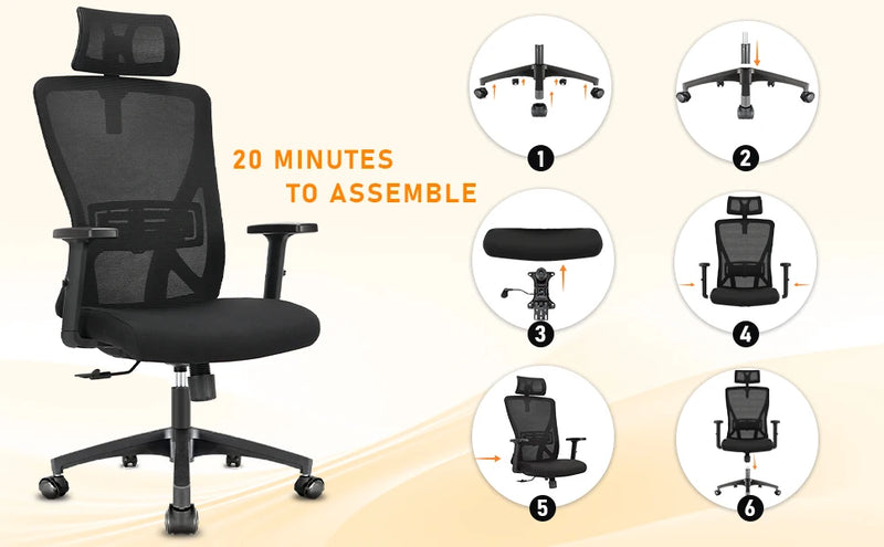 Durrafy Ergonomic Office Chair, Office Chairs, Desk Chair with adjustable headrest, Armrests, 150KG load capacity, Black