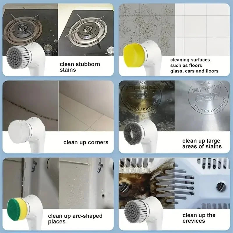 Cepillo de limpieza eléctrico multifuncional cinco en uno, herramientas para el baño y la cocina. 