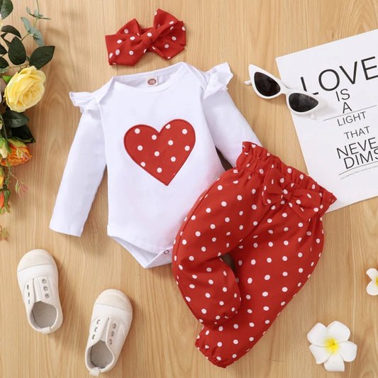 3PCS Newborn Baby Girl Clothes Set Love Heart Long Sleeve Romper + Pants + Headband Fashion Outfits for Toddler Girl 0-18 Months