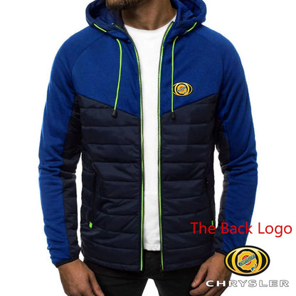 CHRYSLER 2022 Men's New Winter Hooded Cotton Jacket Casual Slim Fit Patchwork Zipper Coat Long Sleeves Warm Oversized Coat Tops