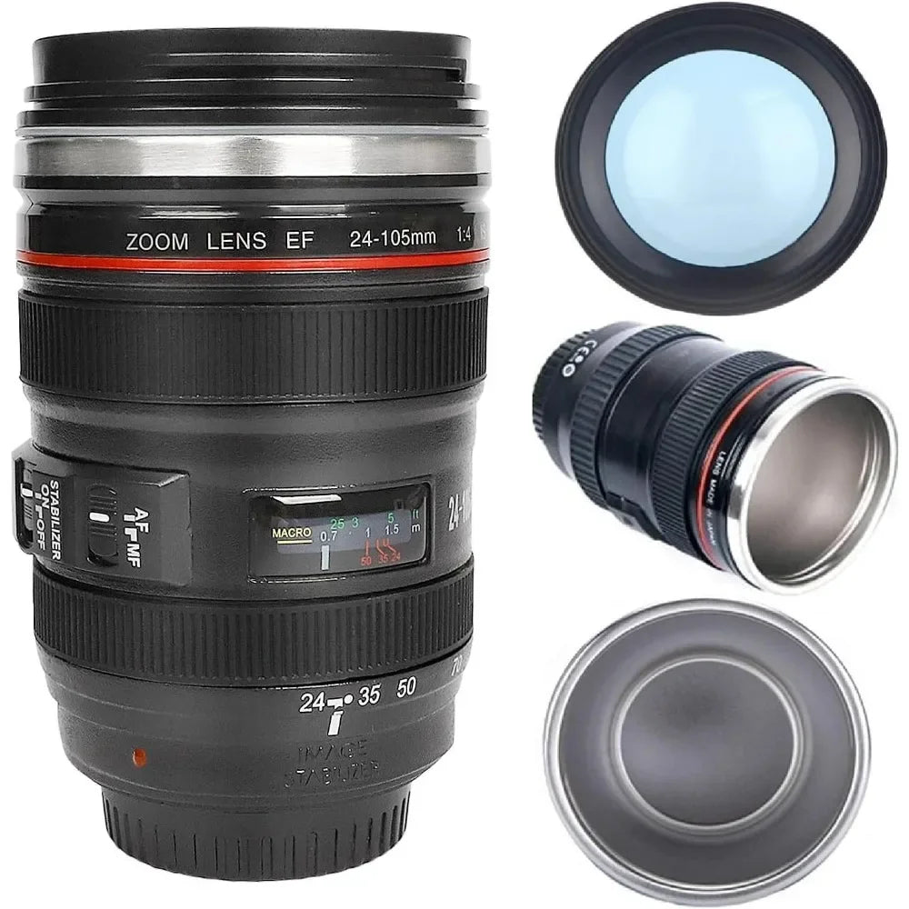 1pc SLR Camera Lens Cup Camera Lens Model Stainless Steel Casual Cup with Lid Coffee Mug White Black Coffee Mugs Creative Gift