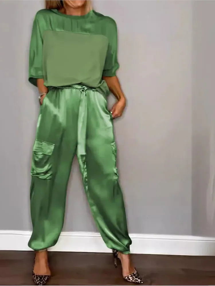 Conjunto de dos piezas de satén de color liso para mujer, moda de primavera y verano, nuevo conjunto de dos piezas con cuello redondo, manga larga, pantalones largos, informal y holgado.