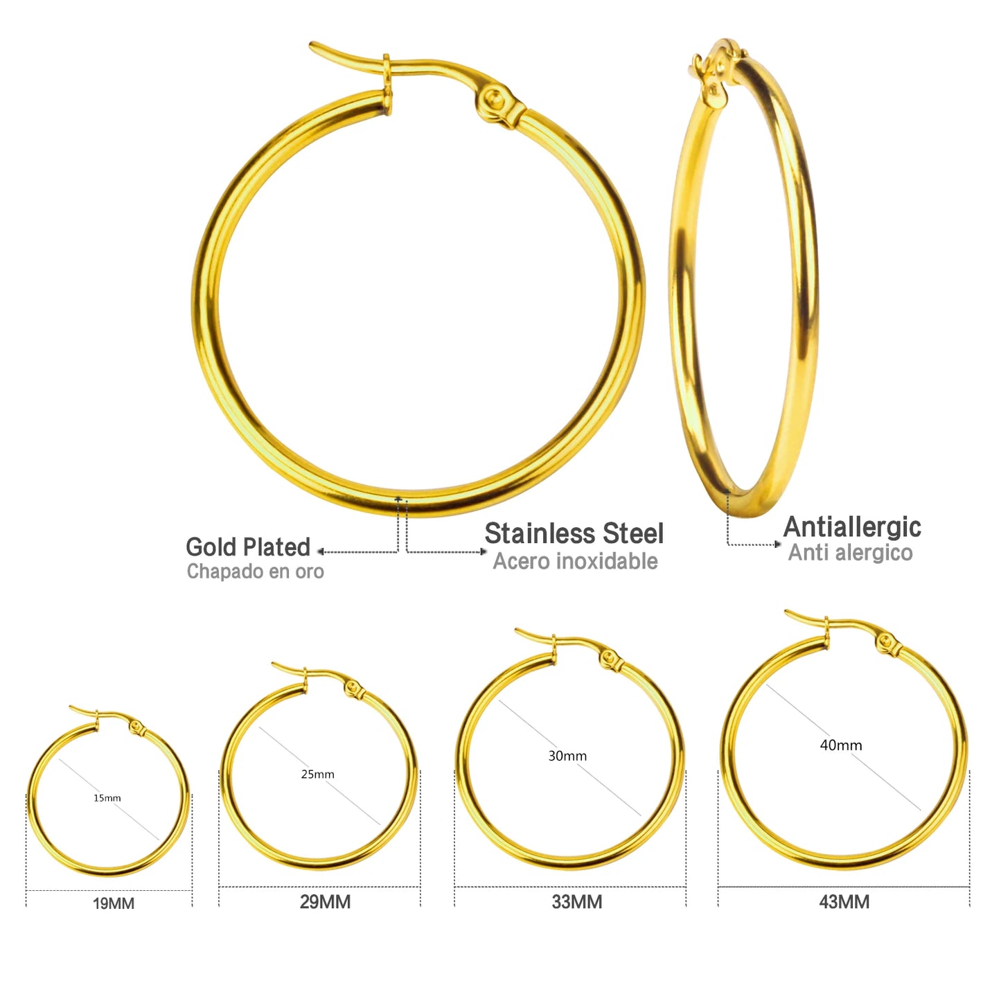 Luxusteel 10mm-65mm clássico aros de aço inoxidável para mulheres meninas cor ouro rosa grande círculo redondo brincos sem desbotamento anti-alergia