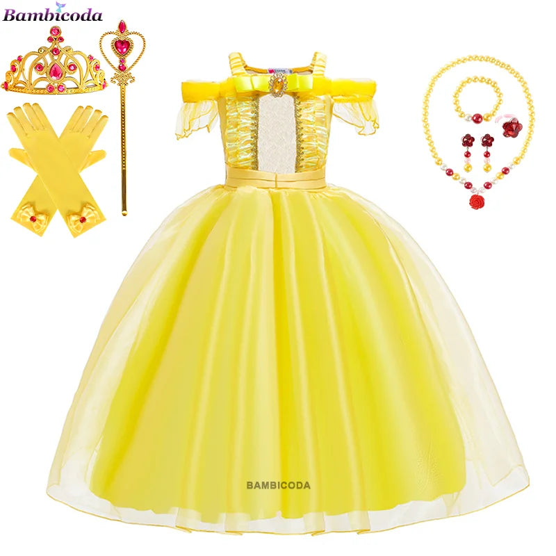 2025 Cosplay Belle Princess Dress Girls Dresses For Beauty and beast Party Clothing Magic stick crown Costume 3-12Y