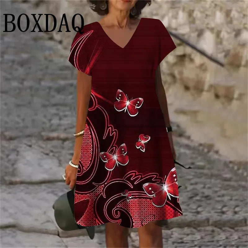 9XL Large Sizes Dress Women Sundress Casual V-Neck Short Sleeve Loose Dress Summer Retro Flowers Plant Print Dress Plus Size 8XL