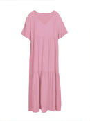 Plus Size 2025 Summer New V-neck Short Sleeve Pleated Solid Colour Loose Casual Midi Dress Basic Hem Pleated