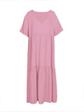 Plus Size 2025 Summer New V-neck Short Sleeve Pleated Solid Colour Loose Casual Midi Dress Basic Hem Pleated