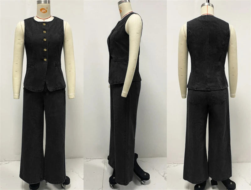 Streetwear Denim 2 Piece Sets Women Outfit Summer Clothes Women 2025 Sleeveless Vest Top Wide Leg Pants Sets Jeans Two Piece Set