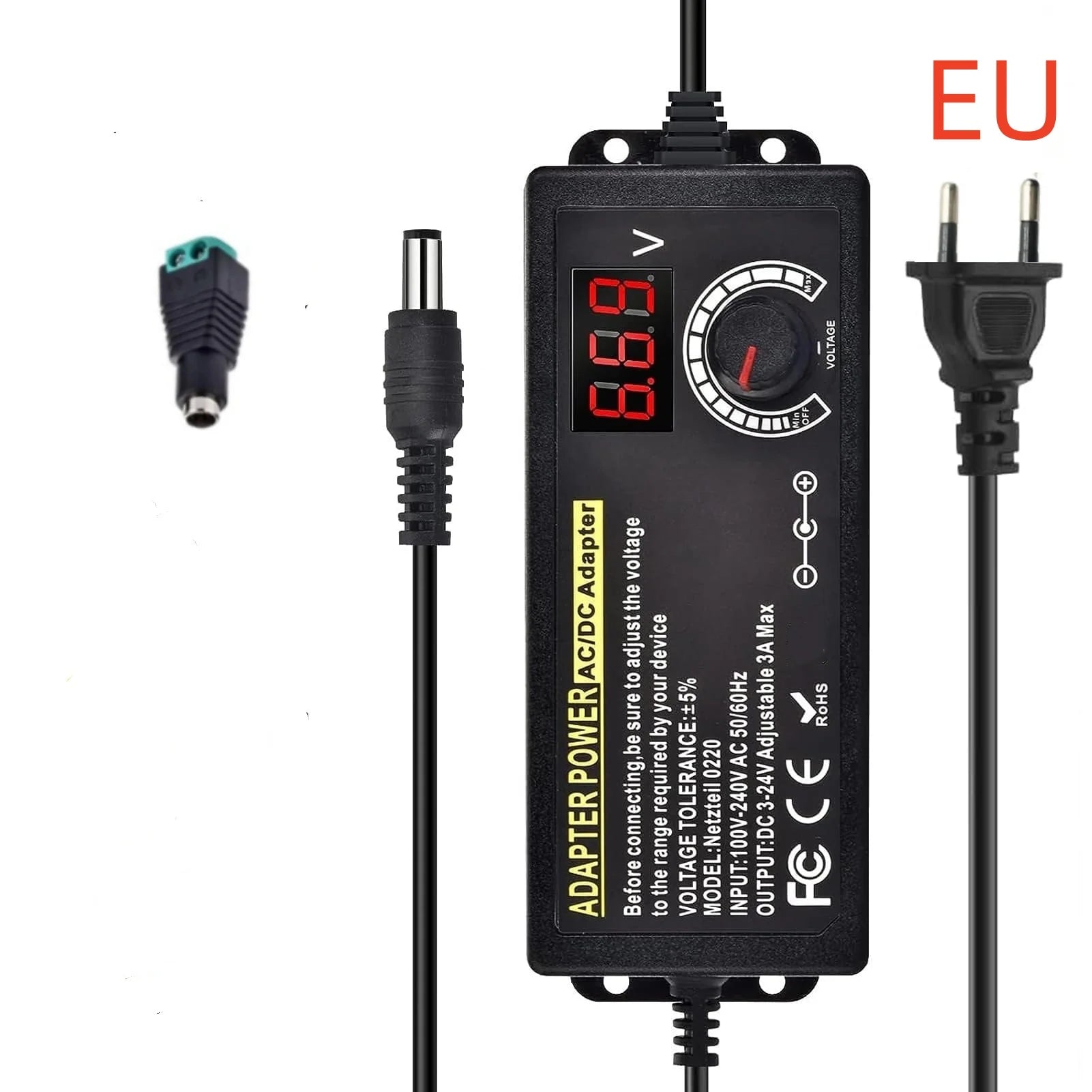 AC to DC Power Supply Adjustable Laboratory Supply Power Source 3V-24V-3A Portable Universal Adapter EU/US Plug Alligator Clip