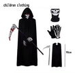 Halloween Death God Play Costume, Kids and Adults Horrible Skeleton Costume, Black Ghost Robe and Sickle, Enjoy Game Party