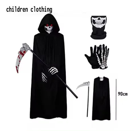 Halloween Death God Play Costume, Kids and Adults Horrible Skeleton Costume, Black Ghost Robe and Sickle, Enjoy Game Party
