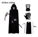 Halloween Death God Play Costume, Kids and Adults Horrible Skeleton Costume, Black Ghost Robe and Sickle, Enjoy Game Party