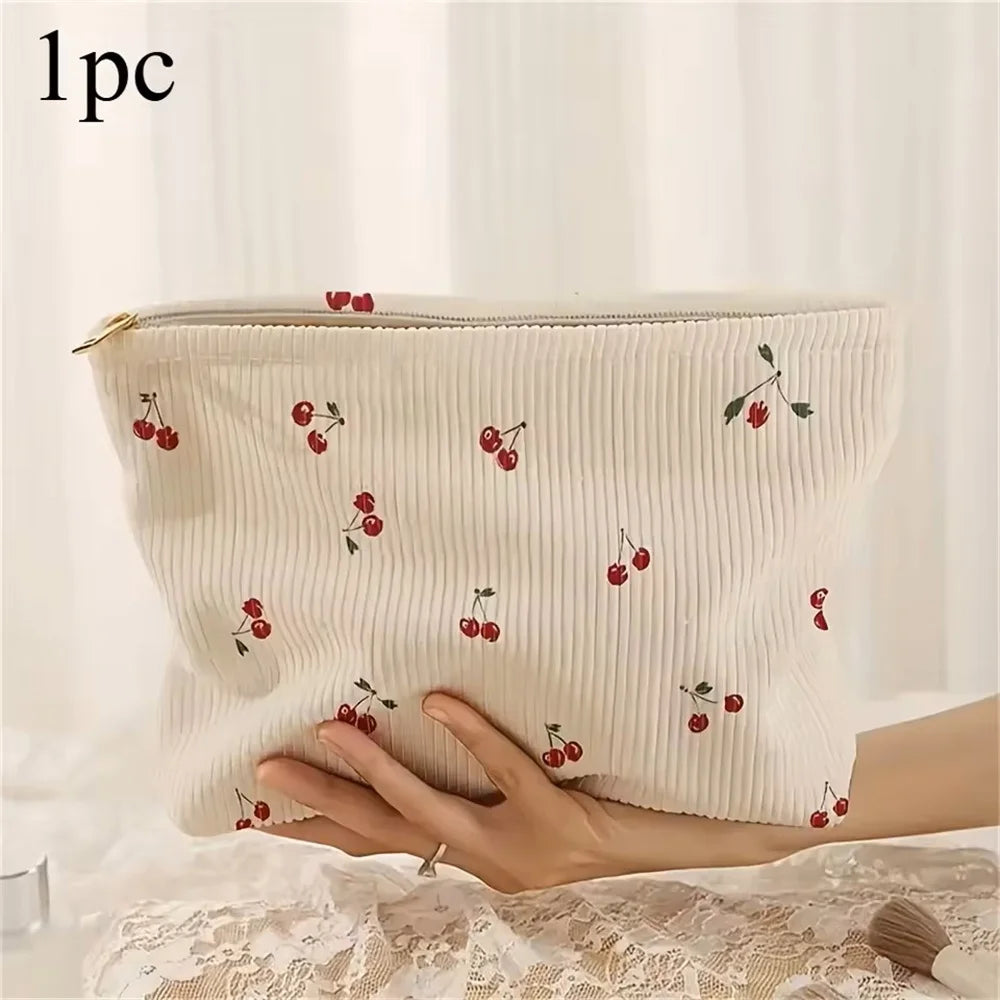 Portable Makeup Bag Winter Cute Cherry Makeup Bag Corduroy Cosmetic Bag Corduroy For Everyday Use Makeup Travel