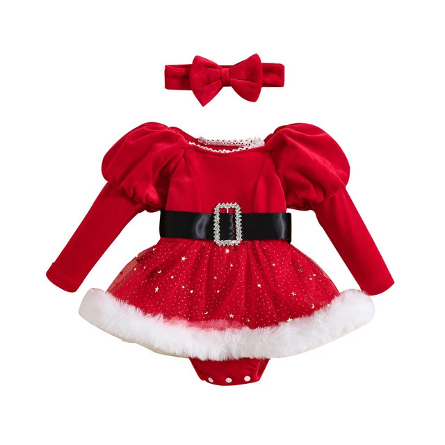 Baby Girls' Long Sleeve Romper with Headband, Toddler Bodysuits, Christmas Outfits, Patchwork, Sequins, Stars, Moon, Skirt, Hem 