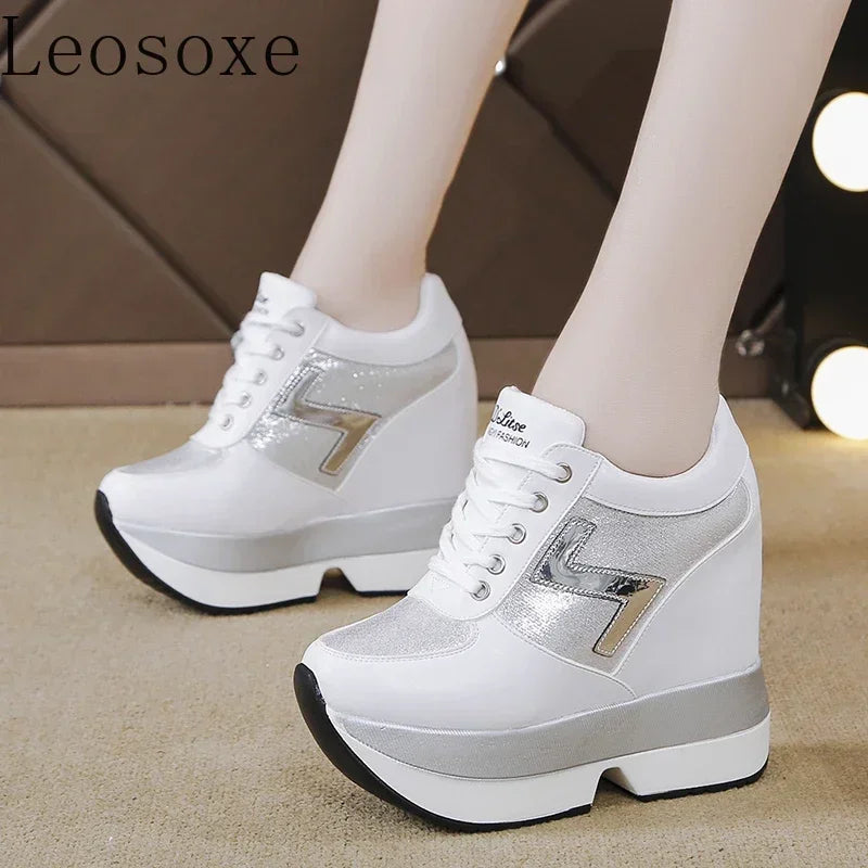 Fashion White Sneakers Women's High Platform Casual Shoes Height Increasing Leather Shoes 10 CM Thick Sole Trainers Tennis Sports