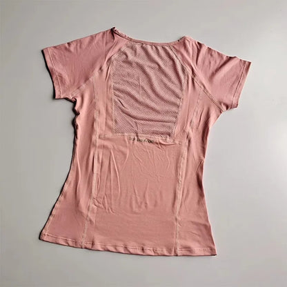Camiseta deportiva de manga corta para mujer, cuello redondo, malla transpirable de secado rápido para yoga y fitness. 