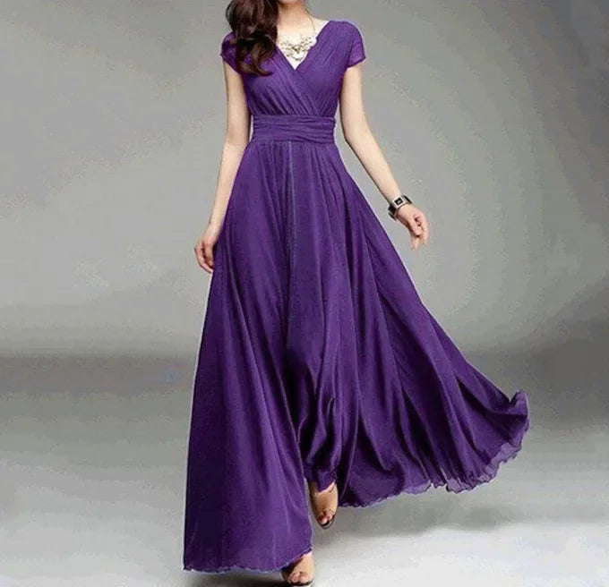 2026 Women's V Neck Short Sleeve Evening Party Dress Temperament Solid Colour Long Cocktail Chiffon High Waist Summer Dresses