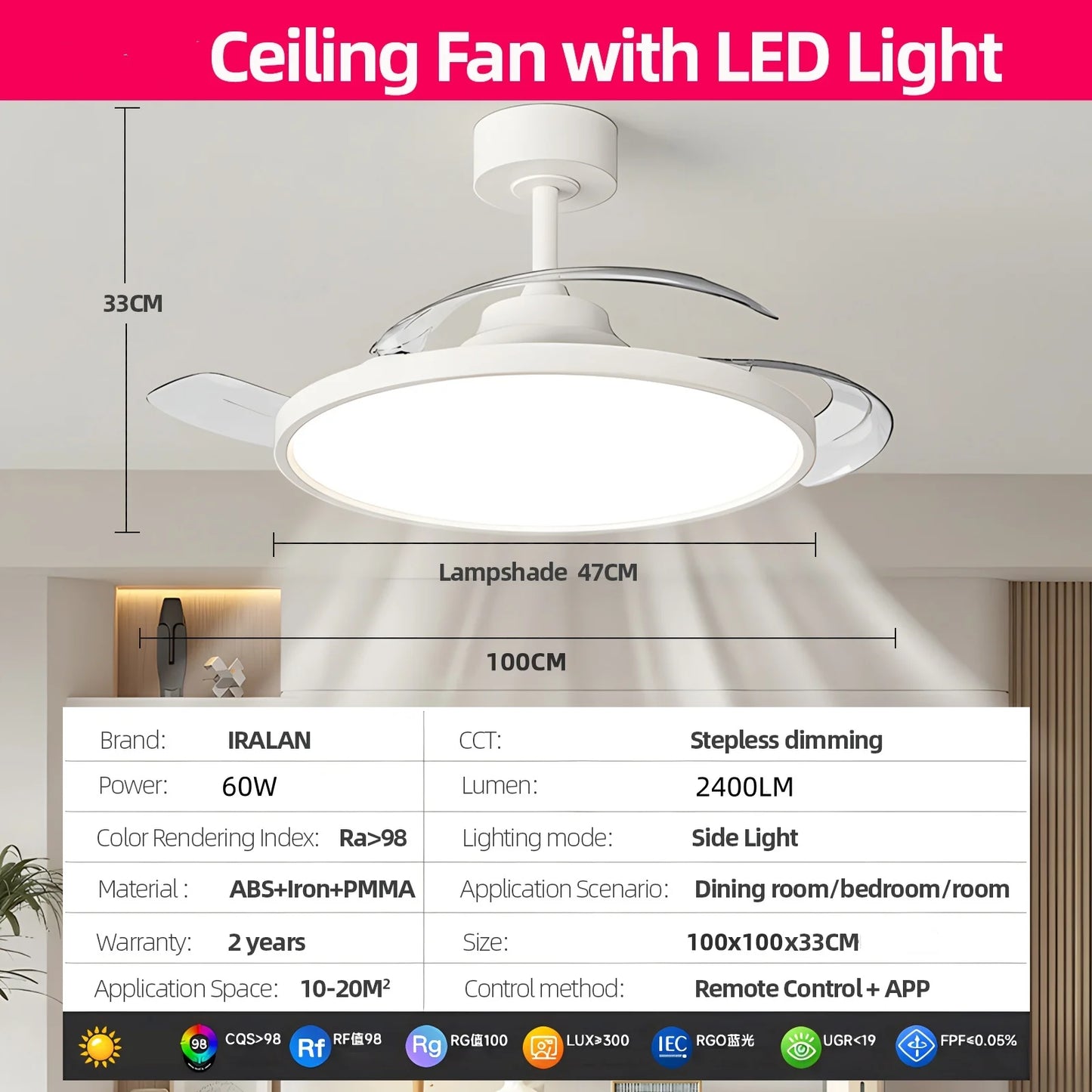 IRALAN Ceiling Lamp Fan Retractable Blades Smart with Remote Control Ceiling Fan with Light Energy Saving Led Living Room Light