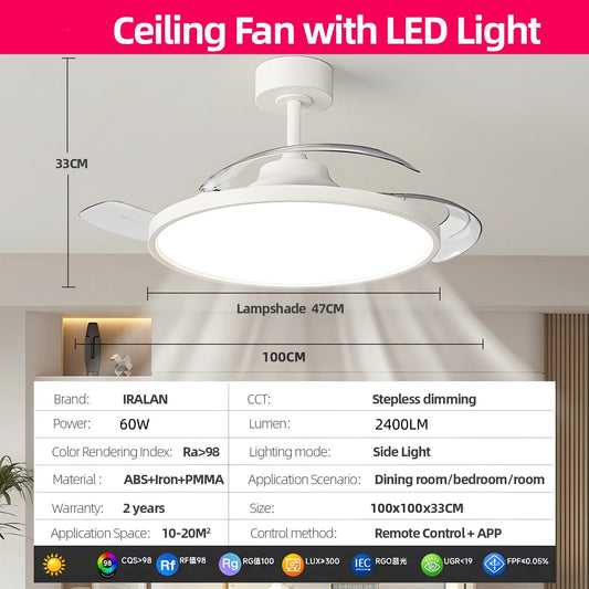 IRALAN Ceiling Lamp Fan Retractable Blades Smart with Remote Control Ceiling Fan with Light Energy Saving Led Living Room Light