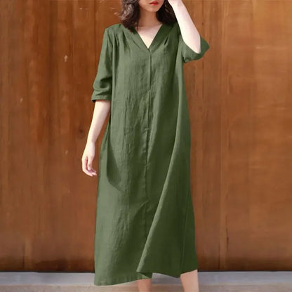 Vestido elegante de verano 2022 para mujer, de algodón y fibra de cáñamo, talla grande, con escote en V, monocromático, de longitud media y empalmado. 
