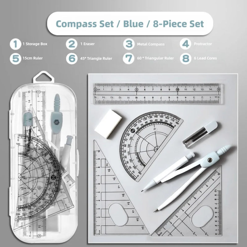8PCS/Set Plastic Ruler Compasses Set Transparent Straight Ruler Measuring Ruler Set Square Eraser Protractor School Office