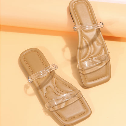 2024 New Women's Slippers Fashion Summer PVC Transparent Open Toe Sexy Square Head Large Casual Flat Sandals 35-42