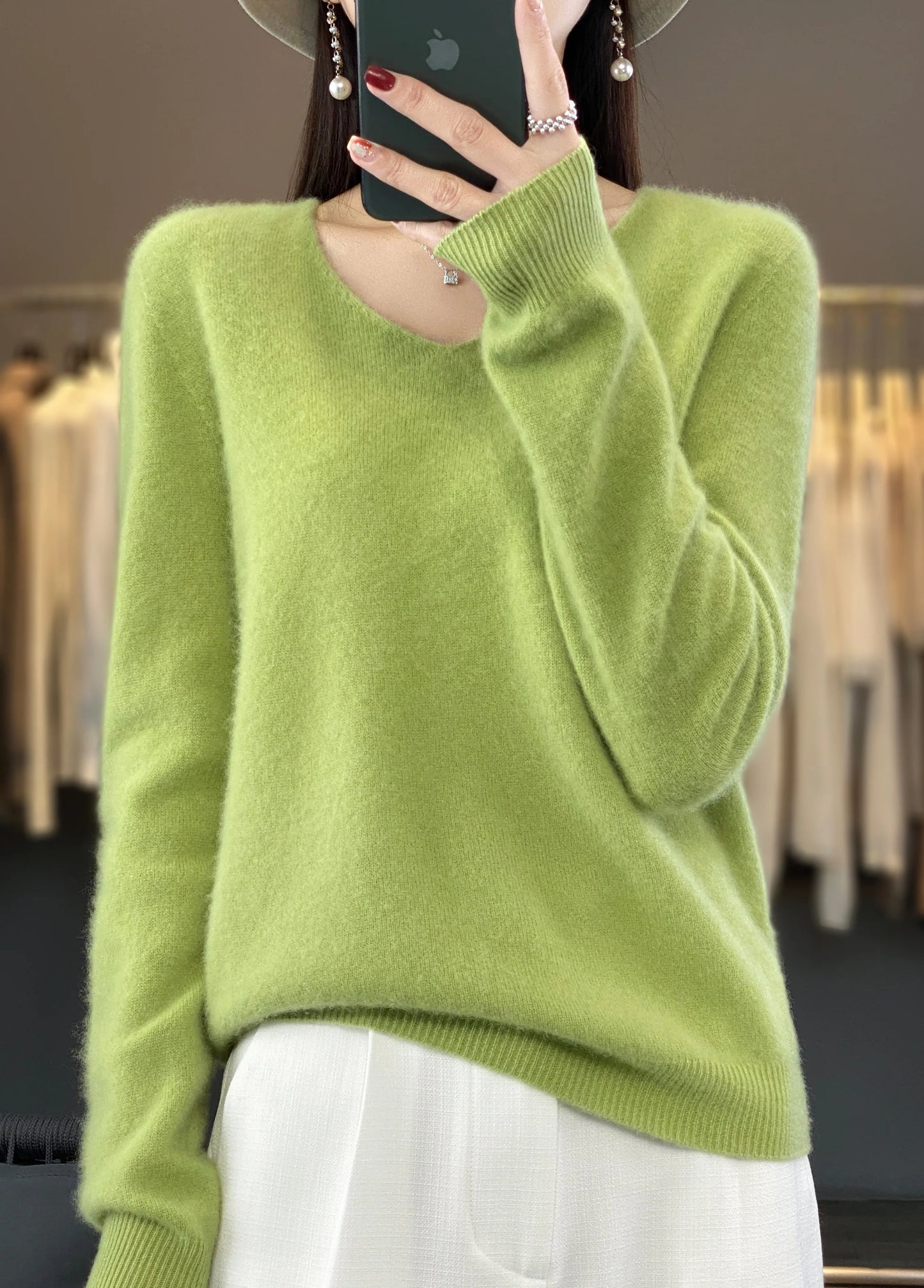 Suéter básico de otoño-invierno 2024 para mujer, 100 % lana merino, cuello en V, tejido de punto liso, jersey de oficina para mujer, manga larga, cachemir.