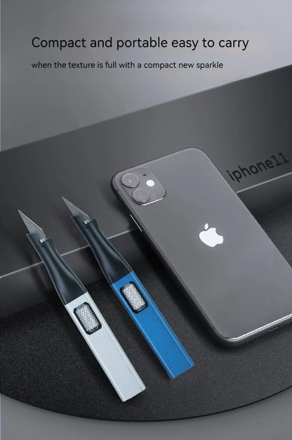 Cuchillo para trinchar con mango de aluminio en forma de bolígrafo, incluye 5 hojas con diseño de herradura que puedes reemplazar tú mismo.