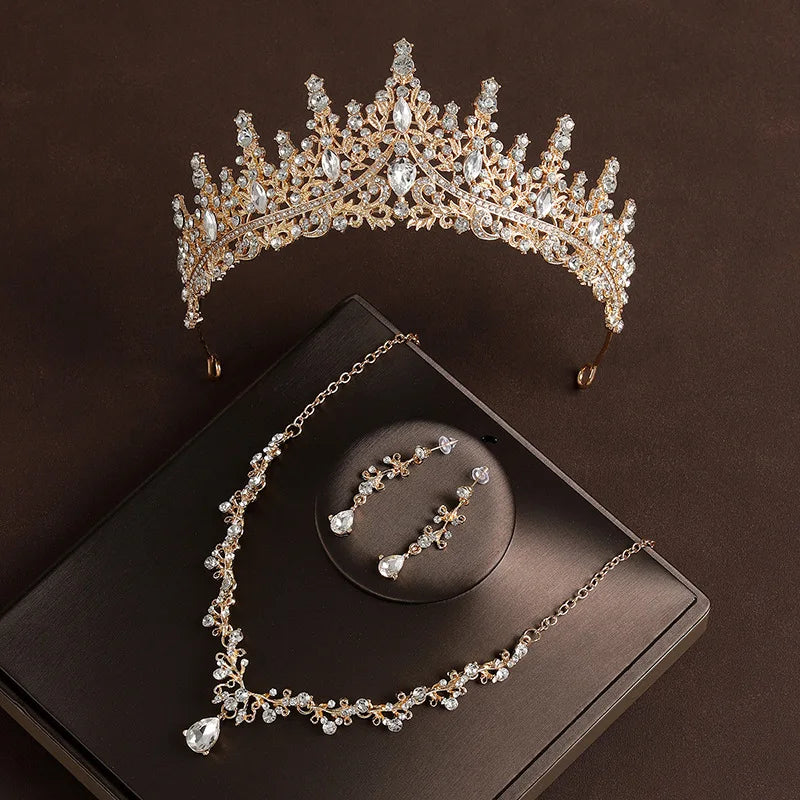 Bridal Wedding Jewelry 4-piece Set, Alloy Crystal Crown&Crystal Necklace&Earrings Women's Classic Wedding Tiaras