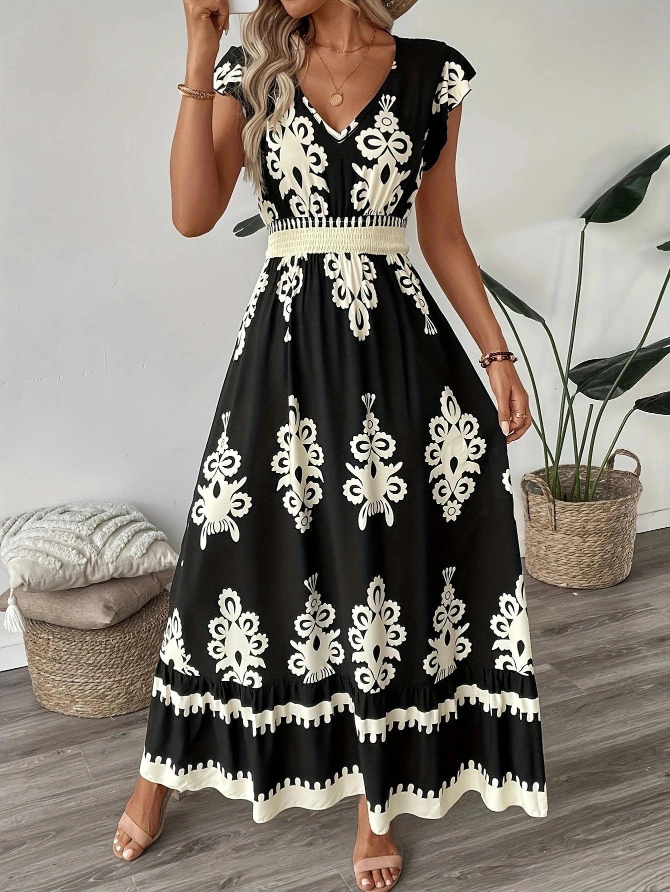 Plus size feminino elegante decote em v maxi vestido padrão geométrico manga curta saia plissada poliéster casual passeio