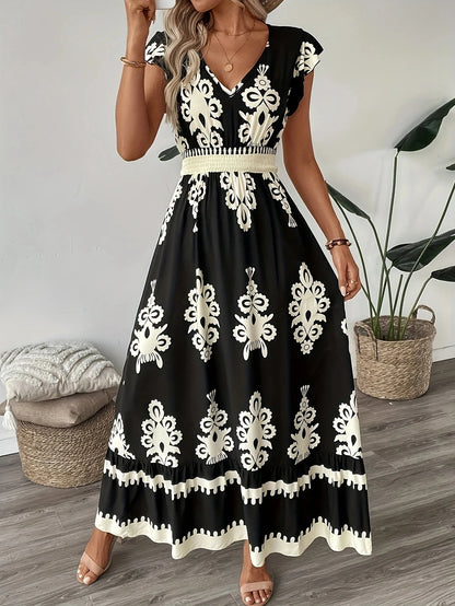 Plus size feminino elegante decote em v maxi vestido padrão geométrico manga curta saia plissada poliéster casual passeio