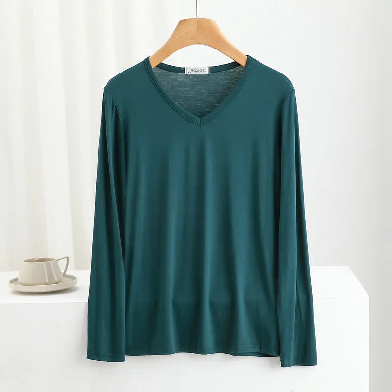 Modal Bottoming Tshirt Long sleeves thin Mask T-shirts Solid color V-Neck Base Tee Tops Plus size loose undershirt all match