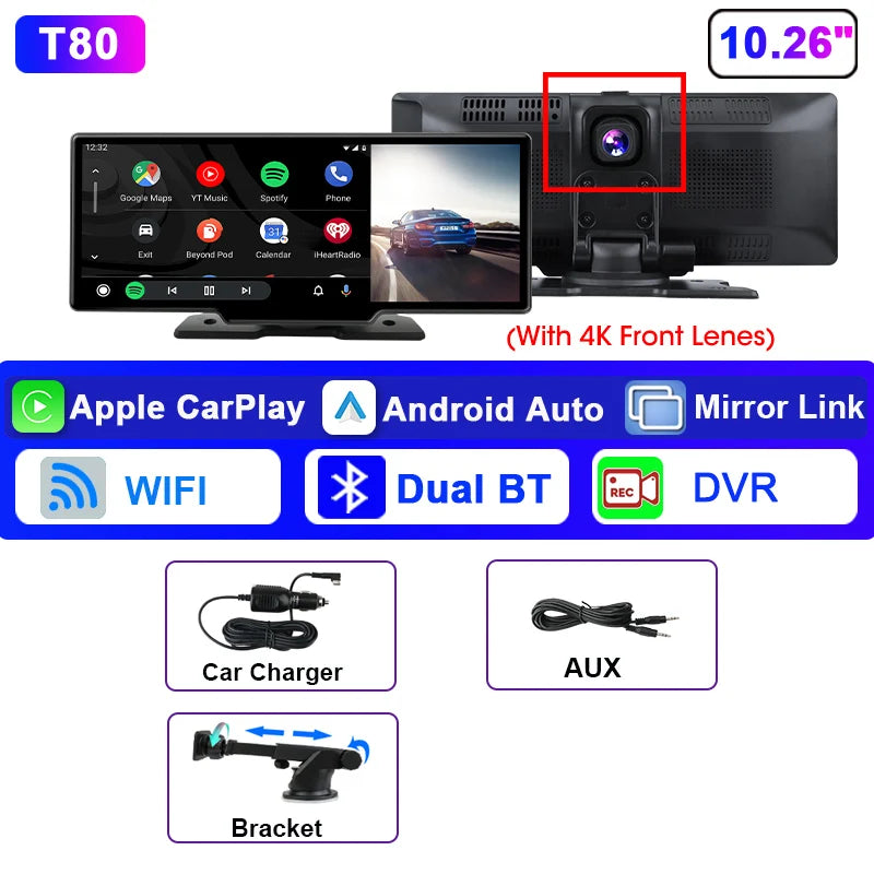 Srnubi 10.26" Dash Cam Rearview Wireless Carplay & Android Auto 4K DVR Navigation Player Dual Lens Recorder Dashboard WIFI 5.0BT
