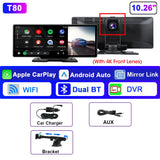 Srnubi 10.26" Dash Cam Rearview Wireless Carplay & Android Auto 4K DVR Navigation Player Dual Lens Recorder Dashboard WIFI 5.0BT