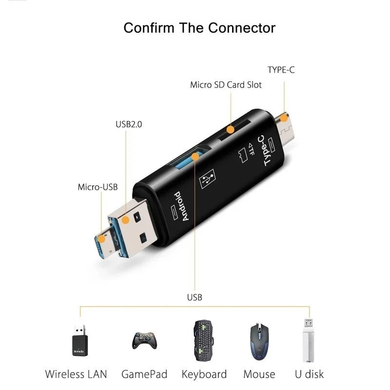 5 In 1 Multifunction USB 2.0 Type C/Usb/Micro Usb /TF/SD Memory Card Reader OTG USB Reader Card Adapter Mobile Phone Accessories