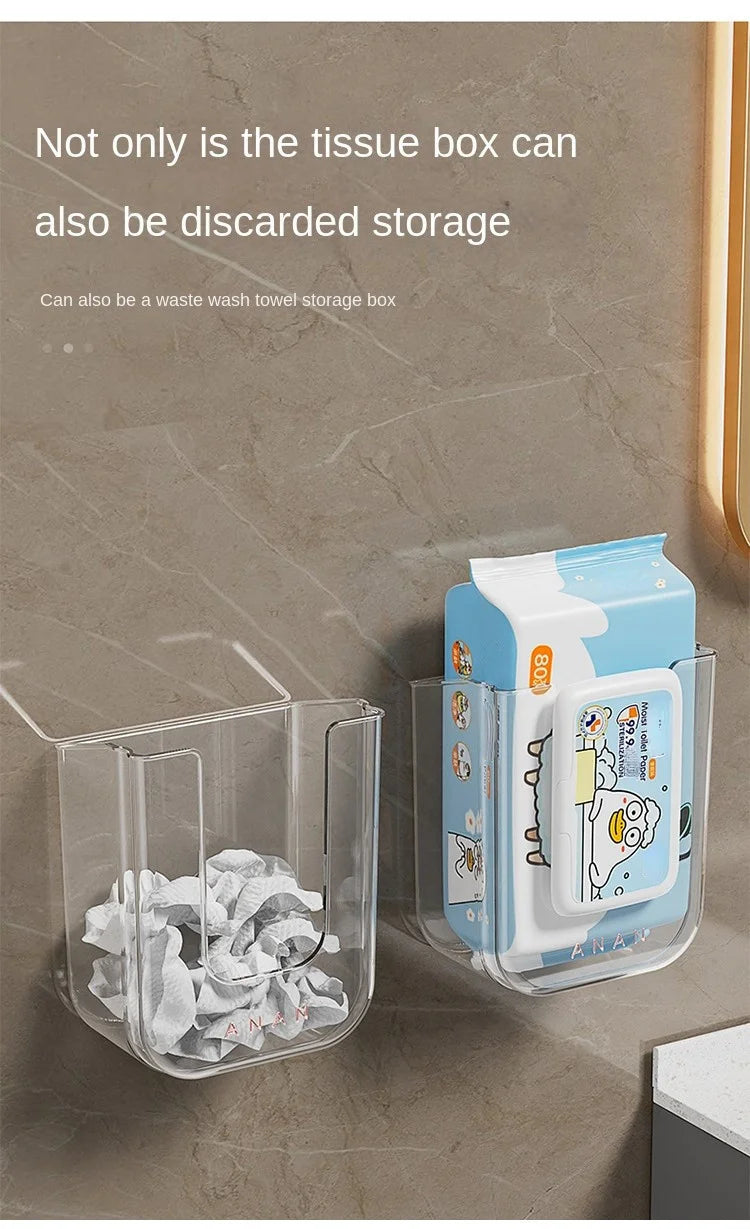 Wall-Mounted Wet Wipe Dispenser, Self-Adhesive Plastic Holder, with Large Opening, for Bathroom Tissue Storage Box Organizer