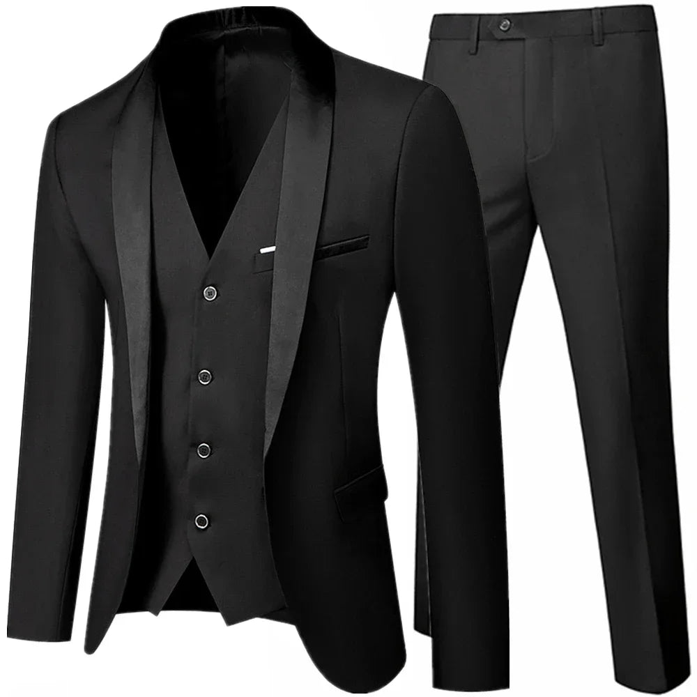 Conjunto de tres piezas para fiesta de boda de otoño para hombre, color negro, talla grande 5XL 6XL, blazer, abrigo, pantalones y chaleco, traje ajustado de moda.